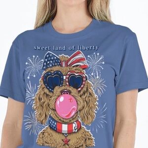 New Simply Southern Women Shirt Golden Doodle Dog Fourth July America Blue